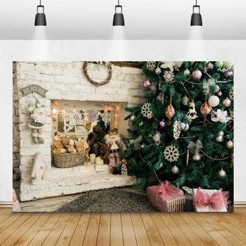 

Laeacco Christmas Backdrops Fireplace Gifts Santa Claus Toy Christmas Tree Photography Backgrounds Baby Portrait Photocall Props