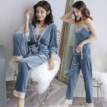 Sleepwear women Robe Sets Autumn Winter Gold Velvet Three Sets of Long-sleeved Sexy Suspenders Large Size Women Suit Pajama Sets