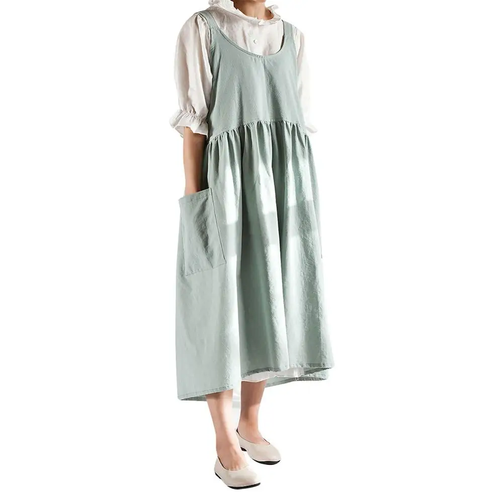 Medieval Washed cotton linen Kitchen Apron For Cooking Baking Flower Shop Ruffles work clean apron for woman uniform lady Dress