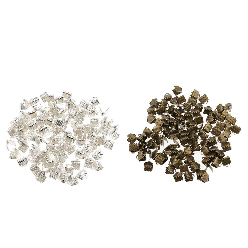 200 Pieces Silver and Bronze Crimp Clasps for DIY Necklace Choker Making Supplies, Flat Cord Ribbon Closure Findings, 0.24inch