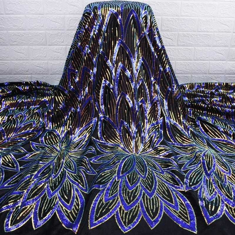 Высокое качество, африканская блестящая бархатная кружевная ткань, синяя французская сетка, кружевная ткань с двумя цветными блестками для вечернего платья, сшитая F1766
