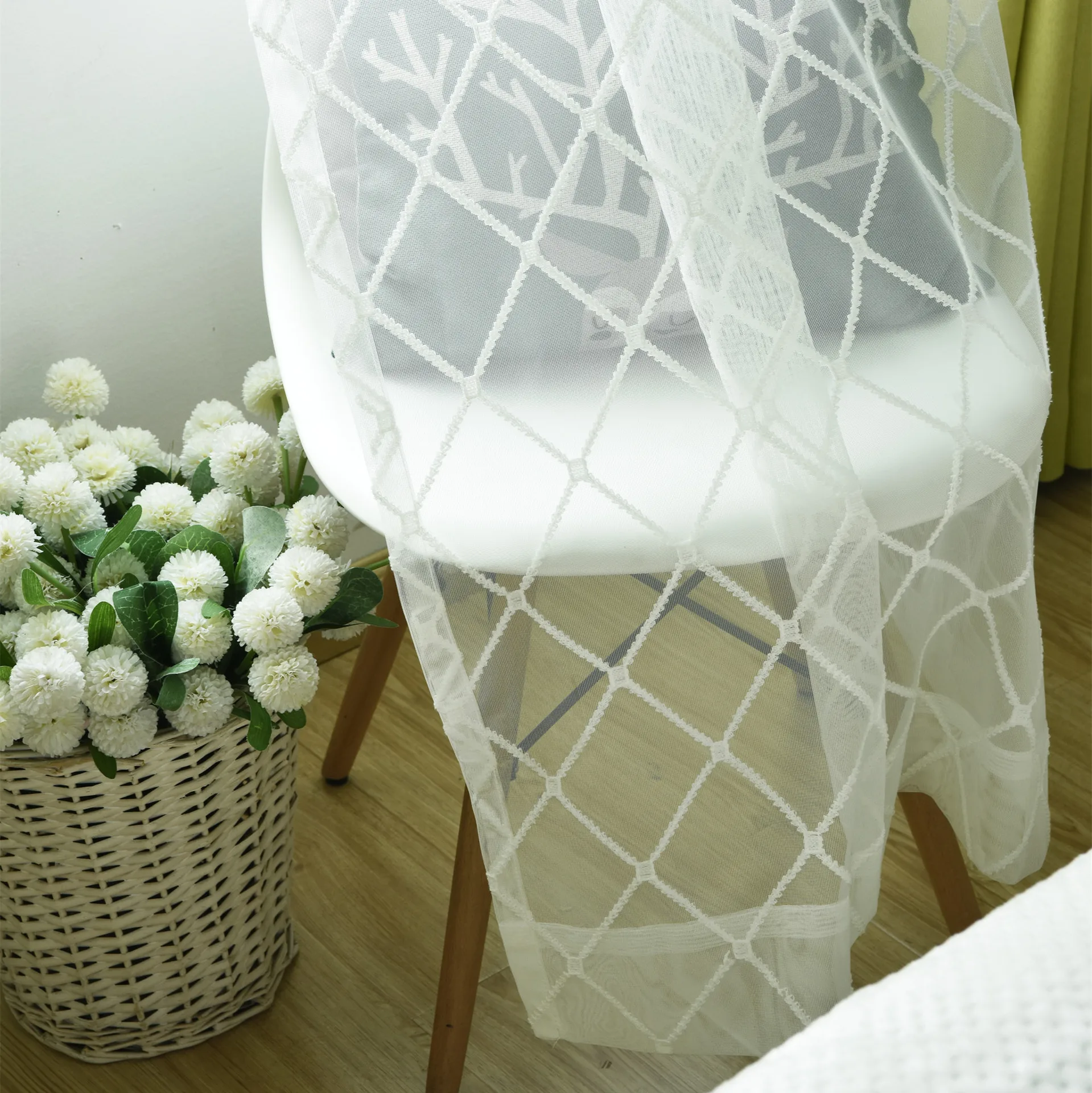 

Nordic Fresh Embroidered Diamond Lattice Curtain Pastoral Embroidered Curtain Custom White Curtain Bedroom Living Room Float