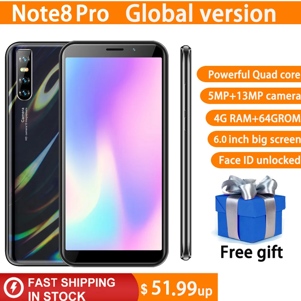 

Note-8 Pro 4G RAM 64G ROM quad core smartphones android 13MP celulares face ID unlock global version mobile phones wifi WCDMA