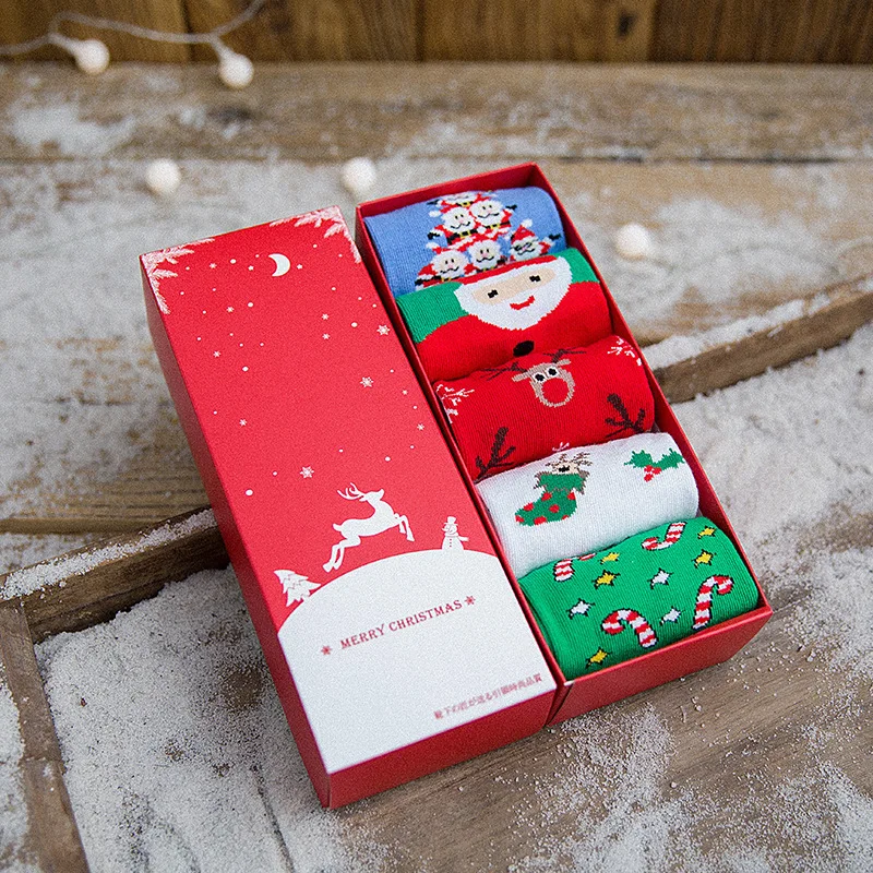 

5Pairs Lot Women Winter Socks Christmas Gifts Boxes Combed Cotton Happy New Year Cartoon Korean Style Women Christmas Socks
