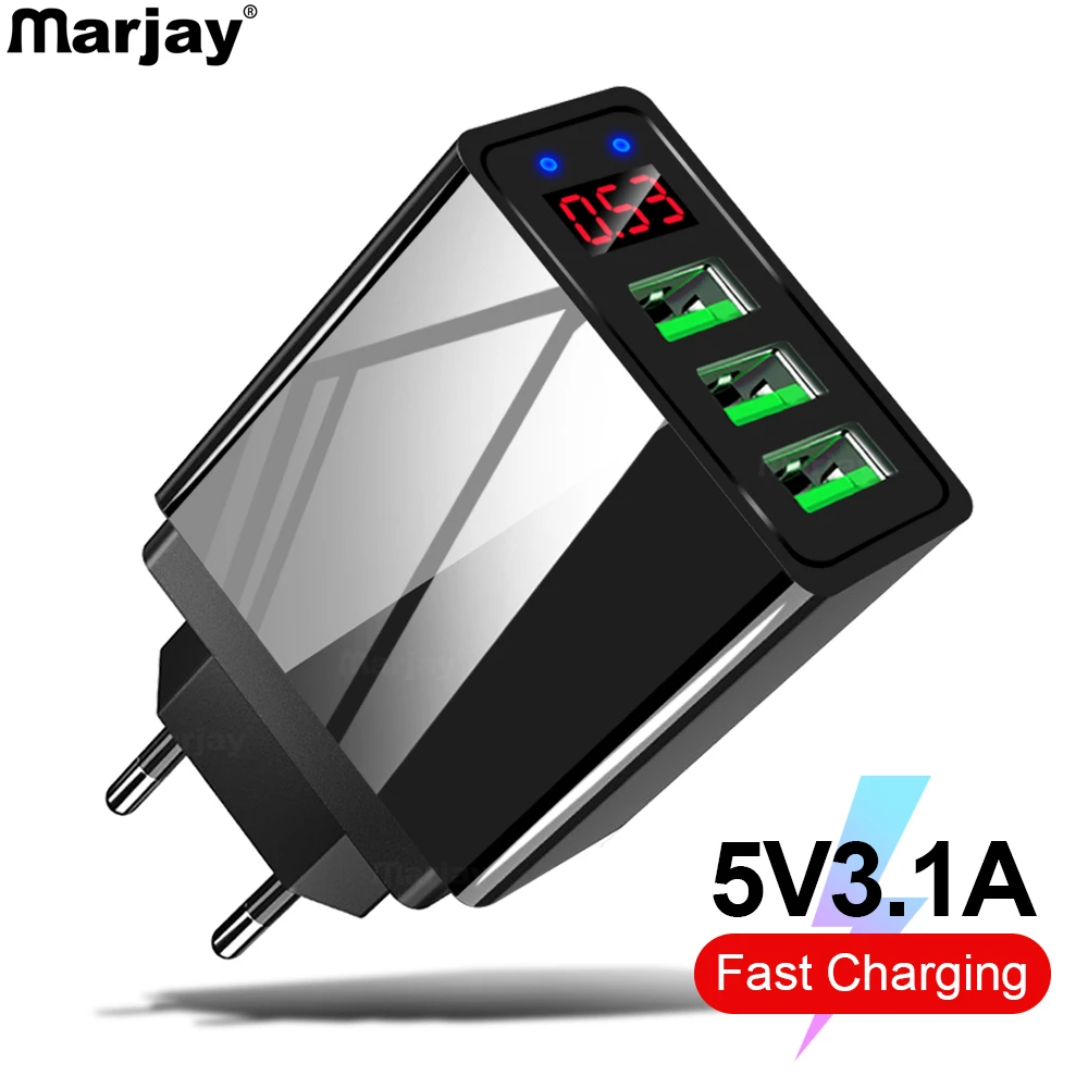 

Marjay 3 Ports USB Charger EU US Plug LED Display 3.1A Fast Charging Mobile Phone Smart Charger For iphone Samsung Xiaomi Tablet