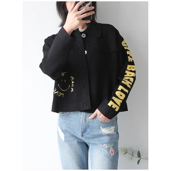 

Women's Black Knit Cardigan Coat 2020 New Spring Autumn Long Sleeve Letter and Smily Embroidery Casual Single Breasted Sweater