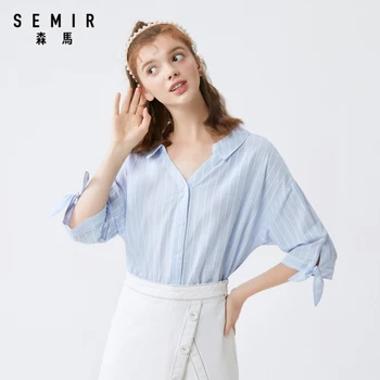 

SEMIR Women Striped Shirt Middle Sleeve 2020 Summer New Blue V-neck Top Irregular Cotton White Shirt