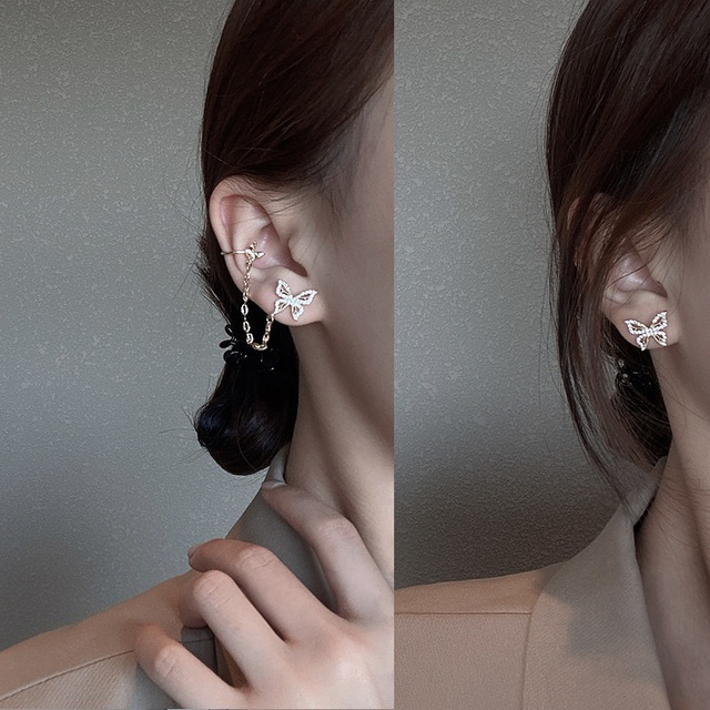 Sparkling Zircon Butterfly Leaf Gold Plated Metal Ear Cuff Women Fashion Non Piercing Clip Earrings Girl Party Jewelry