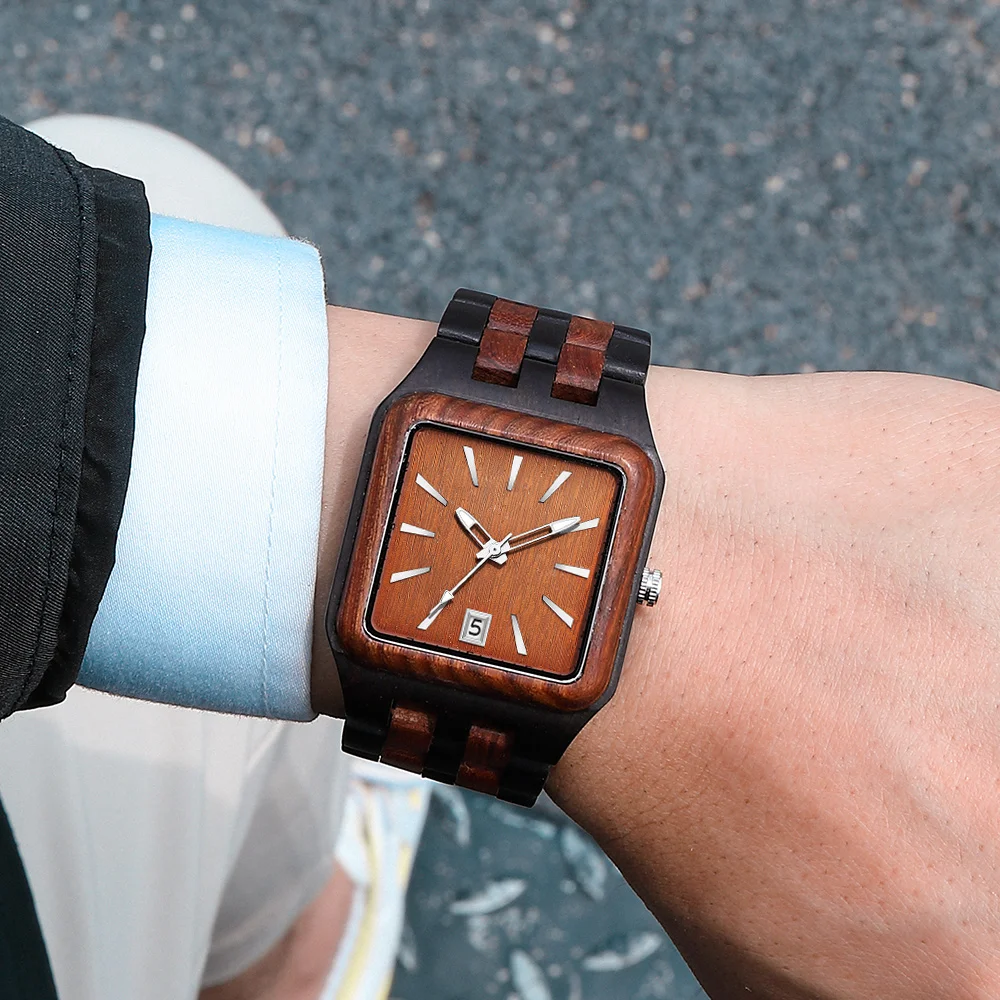 Wooden Quartz Movement Men's Watch Wooden Strap with Automatic Date Square Dial Business Gifts for Men Simple Style Fashion 2021