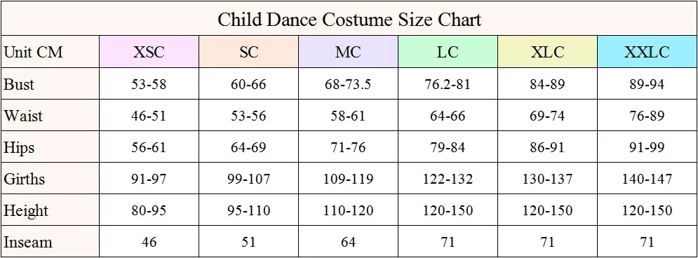 Kids costume size chart