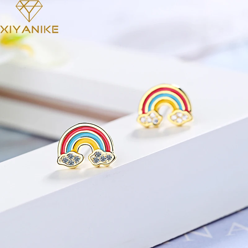 XIYANIKE 925 пробы серебряные корейские Мультяшные милые радужные серьги-гвоздики очаровательные женские модные креативные вечерние ювелирные изделия