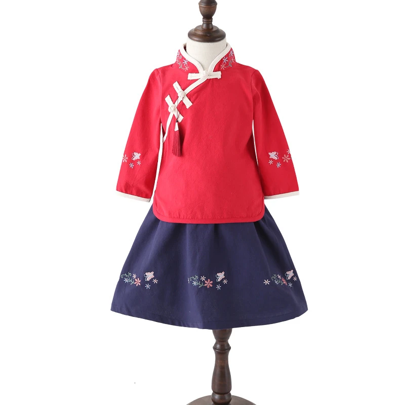 8 видов цветов атласное платье в традиционном китайском стиле для девочек Hanfu/ модный детский топ Ципао+ юбка платья с длинными рукавами - Цвет: Color8