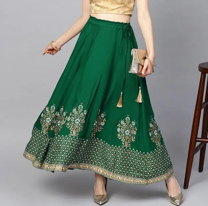 2020 New Spring Summer India Sarees Costume Ethnic Style Kurtas Woman Performance Dance Green Cotton Leng Ha Skirt