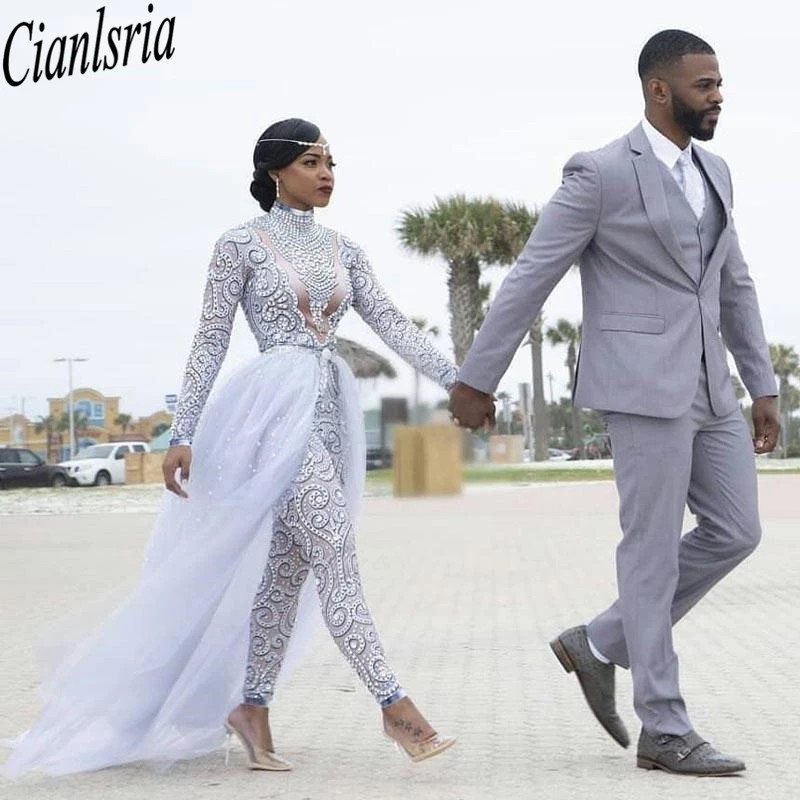 Plus Size Jumpsuits Wedding Dresses With Detachable Train High Neck Long Sleeves African Beaded Wedding Dress Bridal Gowns wedding dresses