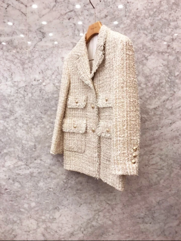 Notched Collar Plaid Pocket tweed blazer women coat Single button suit jacket ladies coats Long sleeve tweed outwear coat jacket