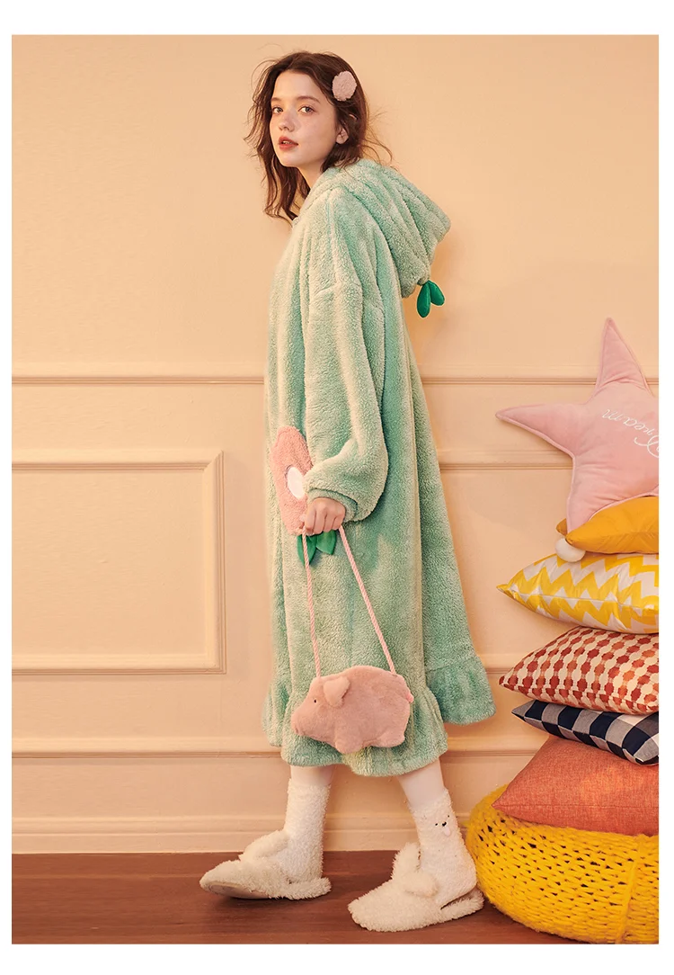 Женская одежда для сна в стиле Лолиты; Пижама с капюшоном; милый фланелевый Халат с капюшоном и цветочным принтом; халат для сна; ночная рубашка; домашняя одежда