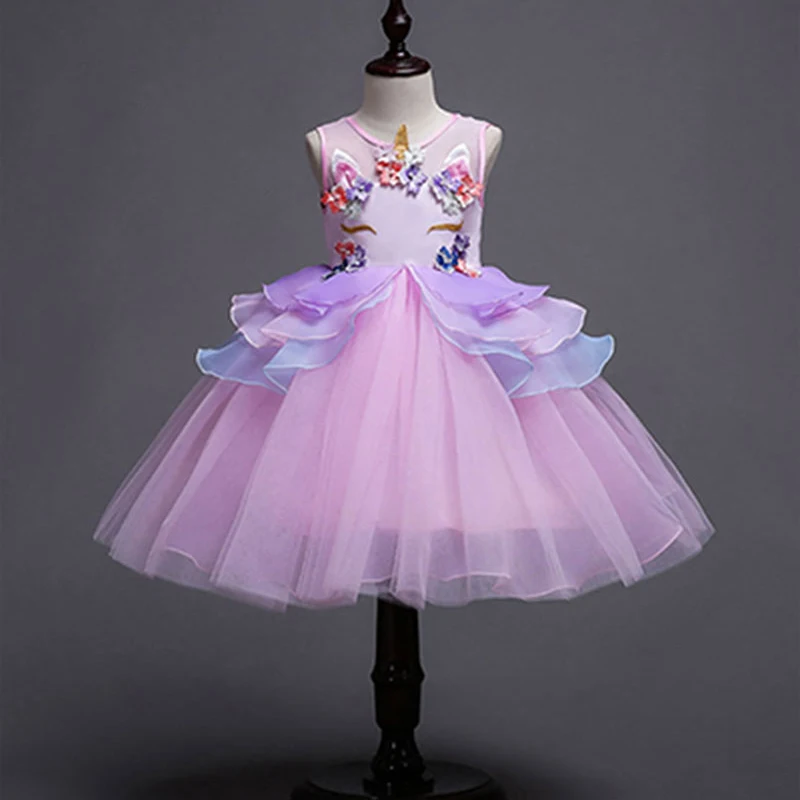 Праздничная одежда; кружевное платье высокого качества из полиэстера с изображением единорога; платье принцессы с оборками для девочек на Хэллоуин; платье для девочек 8 лет