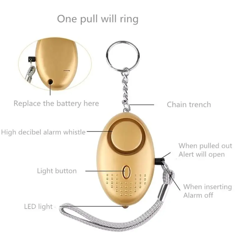 130dB Loud Sound Personal Defense Siren Anti-attack Security LED Alarm Keychain with Lanyard for Women Children Supplies Accesso