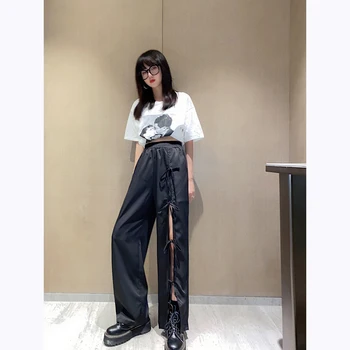 

Street Fashion Drape Black Pants Women's Strap Split Design Straight Casual Pants Retro Style Solid Full Length Pants