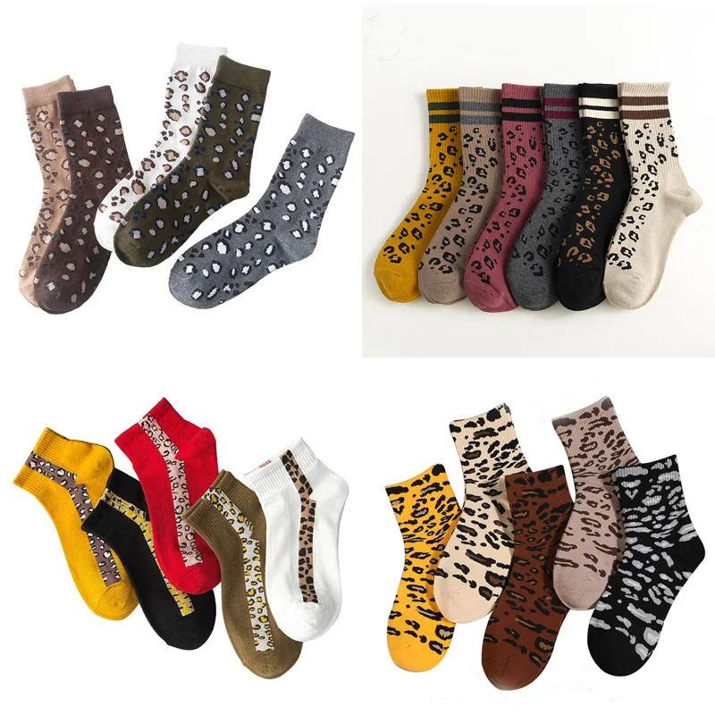 Модные леопардовые женские носки, ретро принт с животными, хлопковые смешанные носки, модные женские цветные контрастные винтажные носки весна-осень