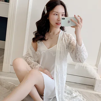 

White Women Twinset Robe Set Sexy Lace 2PCS Sleepwear Nighty&Robe Set Female Kimono Gown Bathrobe Casual Loose Home Clothes