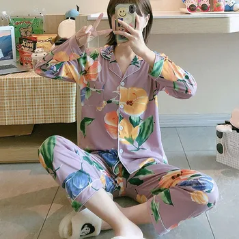 

Women Casual Pajamas Sets Ladies Autumn And Winter Lapel Cardigan Cartoon Casual 2-piece Homewear 2020