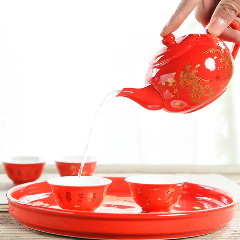 Китайский традиционный свадебный керамический чайный сервиз Ретро Красная тематика "Счастье для двоих" чайник чайная чашка подарок свадебные принадлежности WSHYUFEI