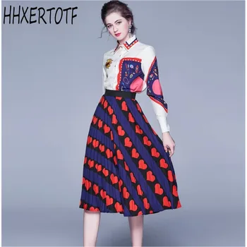 

2020 Spring Autumn Fashion Designer Heart-shaped Skirt Suit Women Long Sleeve Shirt + Long Striped Love Pleated Skirt Set