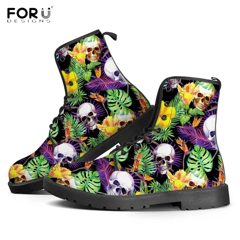 

FORUDESIGNS Winter Warm Boots Monstera Tropical Leaves Skull Print Women Ankle Boots Waterproof Leather Boots for Girls Flats