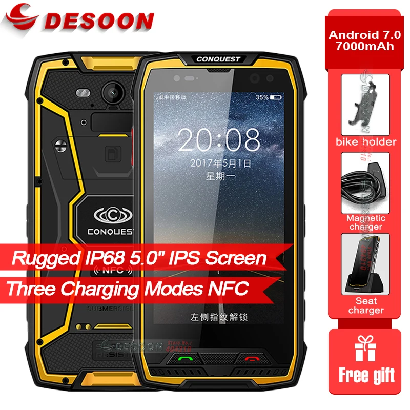 Conquest S11 IP68 Rugged 6GB RAM 128GB ROM SmartPhone  Android 7.0 7000mAh NFC OTG RFID POC PTT Explosionproof Mobile Phone