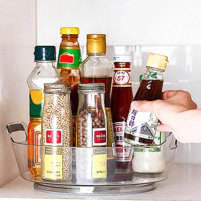 

360 Degree Rotatable Storage Box With Handle Kitchen Rotating Desktop Storage Tray Multifunctional Transparent Storage Box