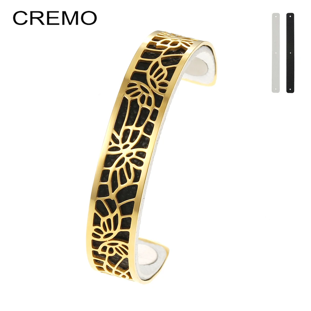 

Cremo Manchette Butterfly Cuff Bracelet for Woman Argent Stainless Steel Hollow Bangle Changing Leather Color Jewelry