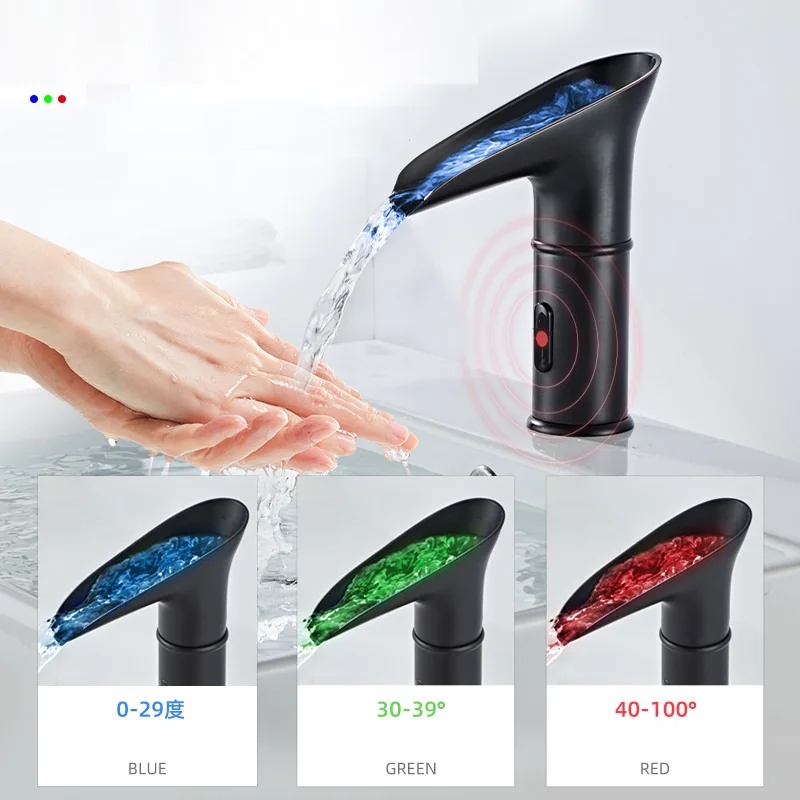 

Черный Водопад светодиодный смеситель для раковины Смеситель с автоматическим датчиком бесконтактный смеситель для раковины Смеситель для горячей и холодной воды смеситель для ванной комнаты