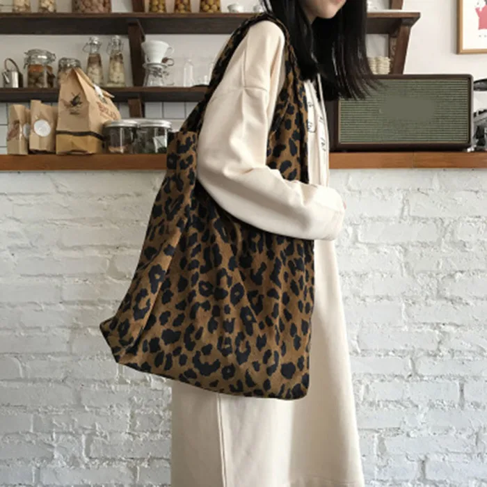 New Fashion Leopard Print Shopping Bag Folding Portable Women Travel Tote Single Shoulder Bag J9