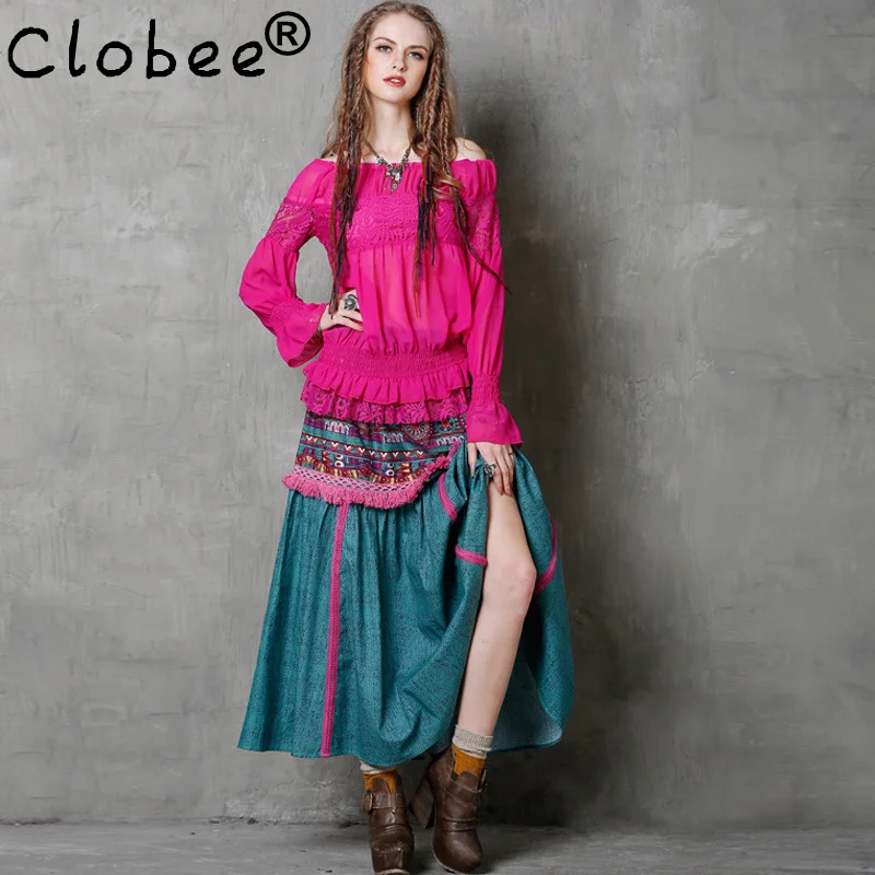 New Vintage Cotton Linen Ethnic Layer Skirt Tassel Skirt Bohemian Beach Casual Retro Boho Large Hem Maxi Long Skirts Womens