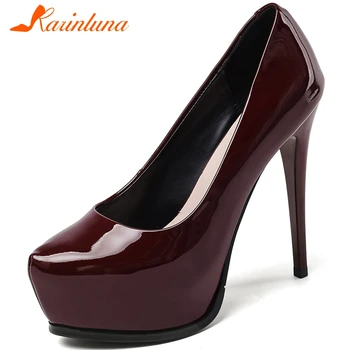 

Karinluna New Design Patent Leather Platform Elegant Pumps Woman Shoes Slip-On Sexy Thin High Heels Party Shoes Women