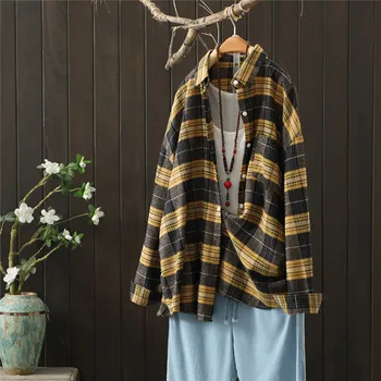 

Fashion Women Plaid Shirt Chic Checked Blouse Long Sleeve Female Casual Print Shirts Loose Cotton Tops Blusas outerwear coat