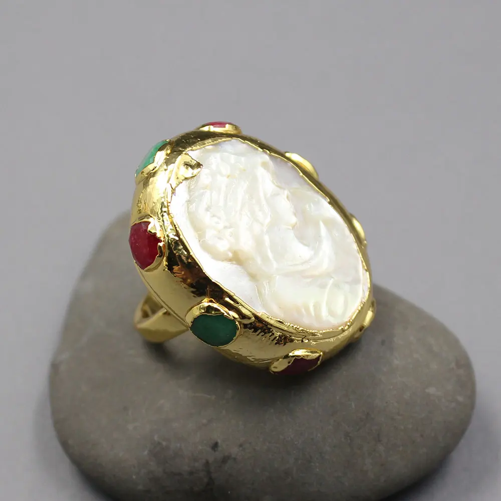 Natural Shell Pearl Beauty Red Green Jades Gold Color Plated Ring Adjustable Handmade For Lady