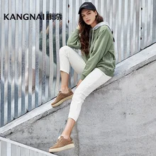 

KANGNAI Women Casual Shoes Flat Star Pattern Lacing Shoes Cow Suede Solid Color Sneakers Female