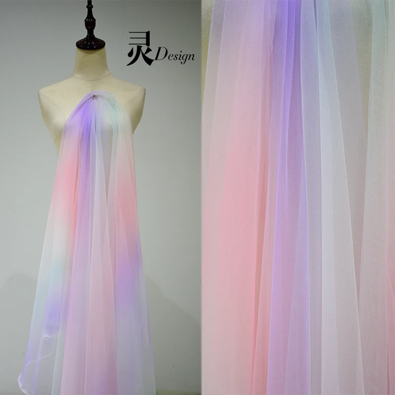 

Designer Fabric Seven Color Gradient Mesh Fabric Soft Yarn Magic Color Encryption Clothing Skirt Decorative Shooting