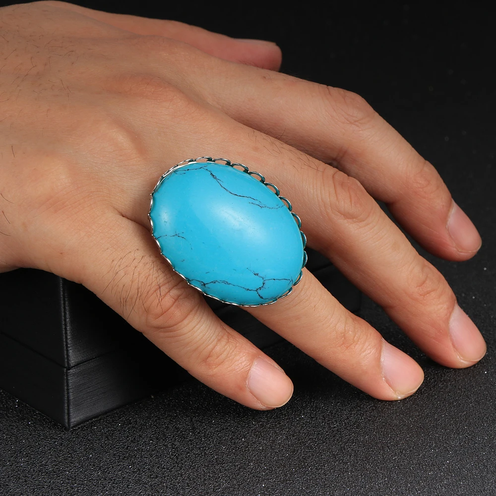 Boho Jewelry 2020 Men Women Big Natural Stone Silver Color Adjustable Rings Oval Turquoises Crystal Bohemian Style Knuckle Ring | Украшения