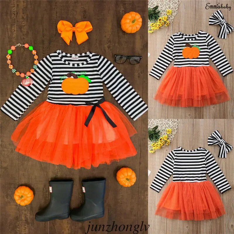 

Fashion Toddler Kids dresses for girls Pumpkin Long Sleeve Lace dresses Cartoon Print Dress Halloween Clothes outfit girl