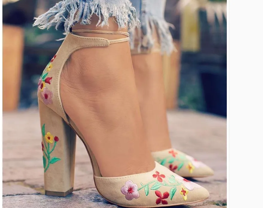 

women high heels ladies fashion party dinner summer shoes Zapatos De Mujer Embroidered shallow mouth square heel pointed retro