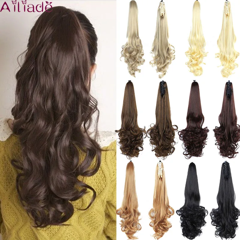 

AILIADE 24inch Long Wavy Clip on Hairpiece Extensions Pony Tail High Temperature Fiber Synthetic Hair Claw Ponytails for women