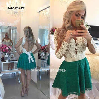 

SATONOAKI 2019 Sexy Green Lace Homecoming Dress Deep V Neck Long Sleeves Sheer Cocktail Gowns Beaded Stones Top Mini Party Dress