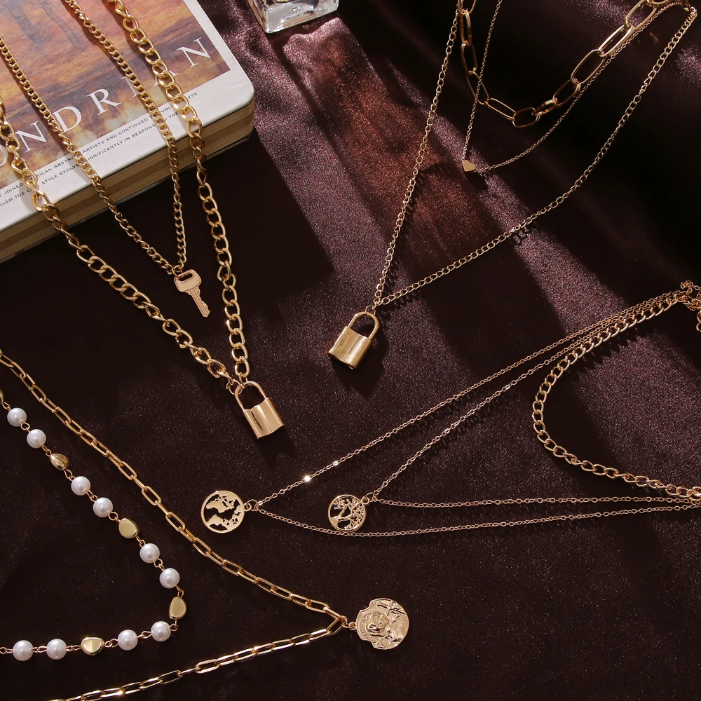 ZOVOLI punk largos capas cadena candado corazon retrato dorados colgante collares mujer moda 2020 gargantilla oro cadena colgantes largos collar conjunto regalos para mujer
