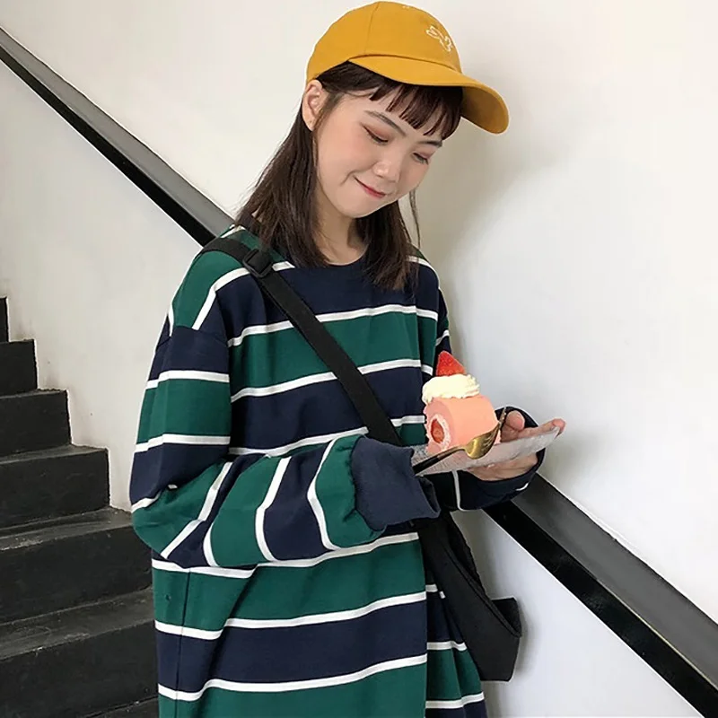 

Harajuku Women hoodies Long Sleeve Sweatshirt Tops Ladies Striped Clothes casual Loose cotton thin Sweatshirts autumn Pullovers
