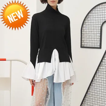 

Turtleneck Knitting Sweater Womens Flare Sleeve Ruffles Patchwork Draped Irregular Pullover Spring Fashion Harajuku