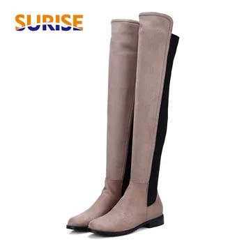 

Winter Women Over the Knee Boots Sexy Black Grey Red Stretch Lycra Flock Round Toe Low Square Heels Casual Party Lady Long Boots