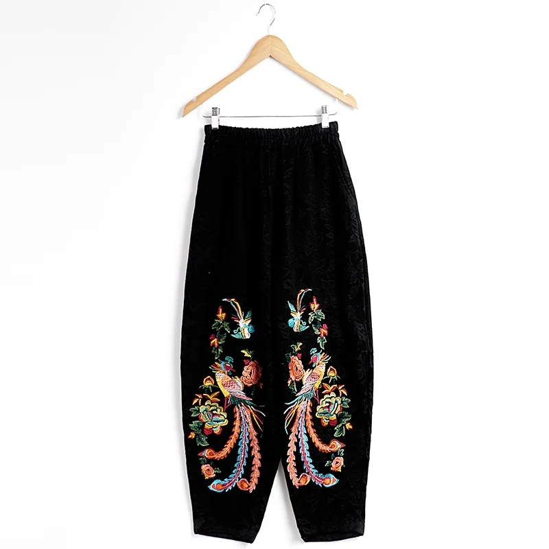 Spring Autumn Women Vintage Ethnic Wind Embroidered Harem Pants Cotton Loose Wide Leg Pants Casual Elastic Waist Trousers TA2136